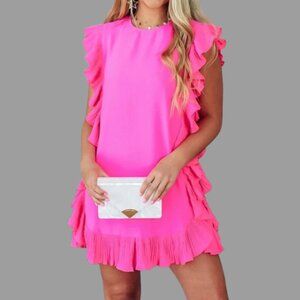 Women's Hot Pink Ruffle Trim Short Sleeve Mini Dress Size M/L/XL